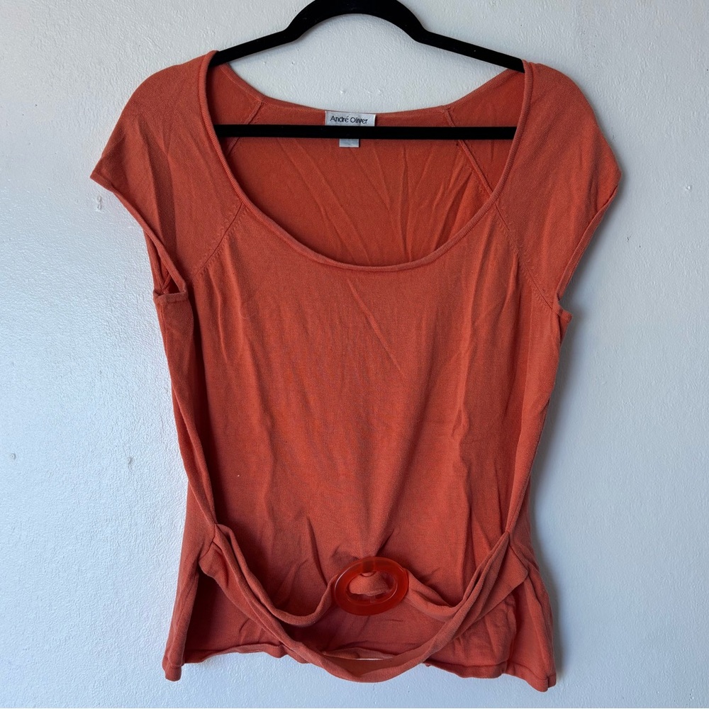 Vintage Andre Oliver Orange Scoop Neck Short Sleeve Shirt With Belt, XL